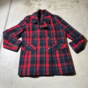 Pendleton Coat Women 16 Red Navy Plaid Wool Blend Double Breasted Peacoat